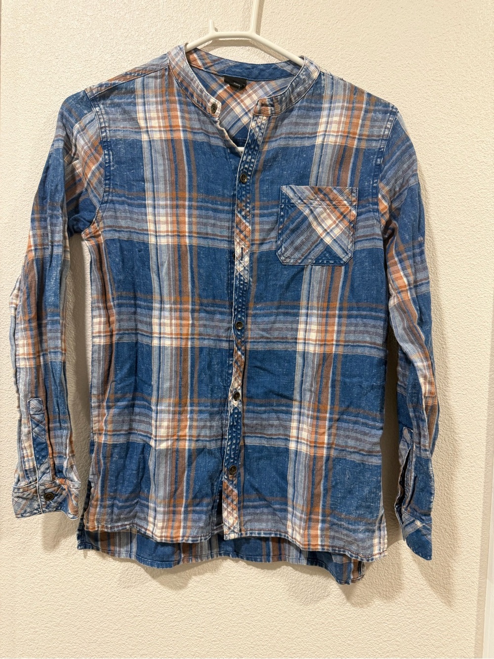 Blue and Tan Plaid Button-Front Shirt